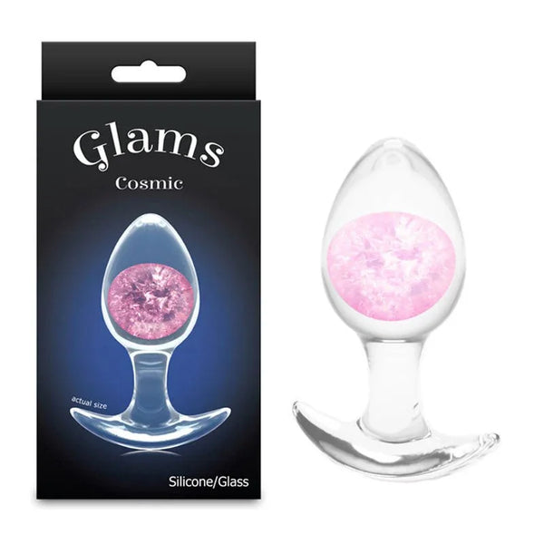 Glams Cosmic medium glass butt plug with a pink glitter gem, beside its Glams Cosmic box