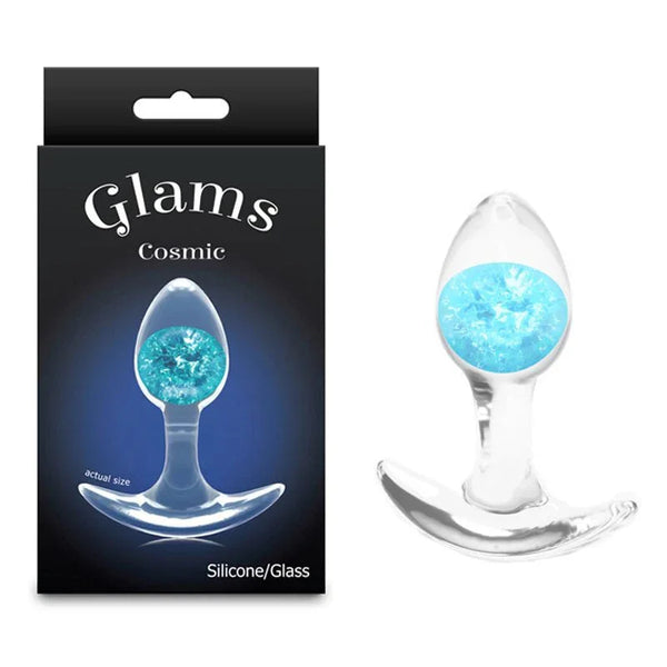 Glams Cosmic small glass butt plug with a blue glitter gem, beside its Glams Cosmic box