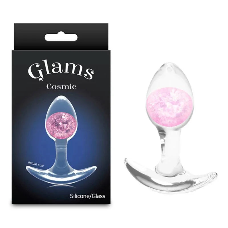 Glams Cosmic small glass butt plug with a pink glitter gem, beside its Glams Cosmic box