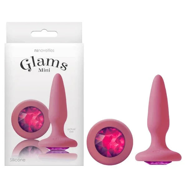 Glams Mini butt plug in Pink with a round pink gem base, shown with its box and a base-on view