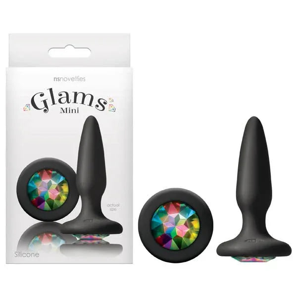 Glams Mini butt plug in Black with a rainbow gem base, box, base-on gem view and plug