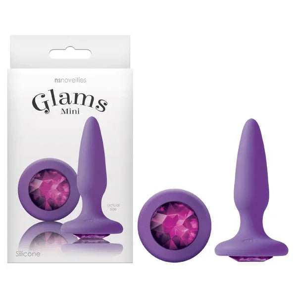 Glams Mini butt plug in Purple with a pink gem base, box, base-on gem view and plug