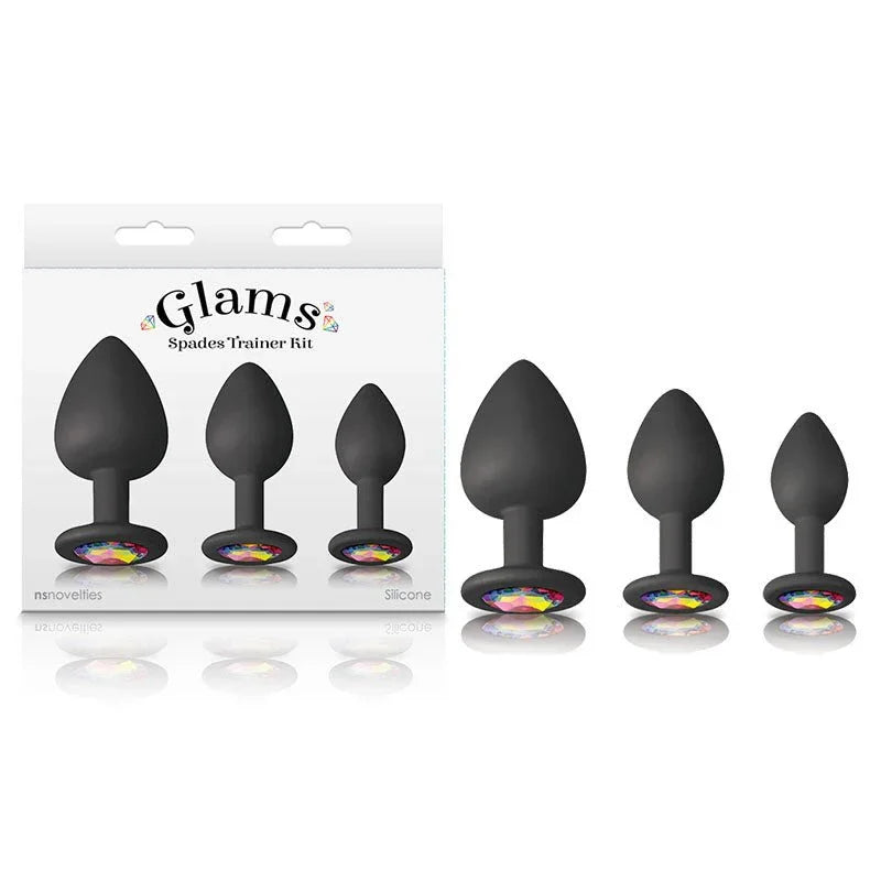 Glams Spades Trainer Kit in Black, three gem-based plugs in graduating sizes beside the box