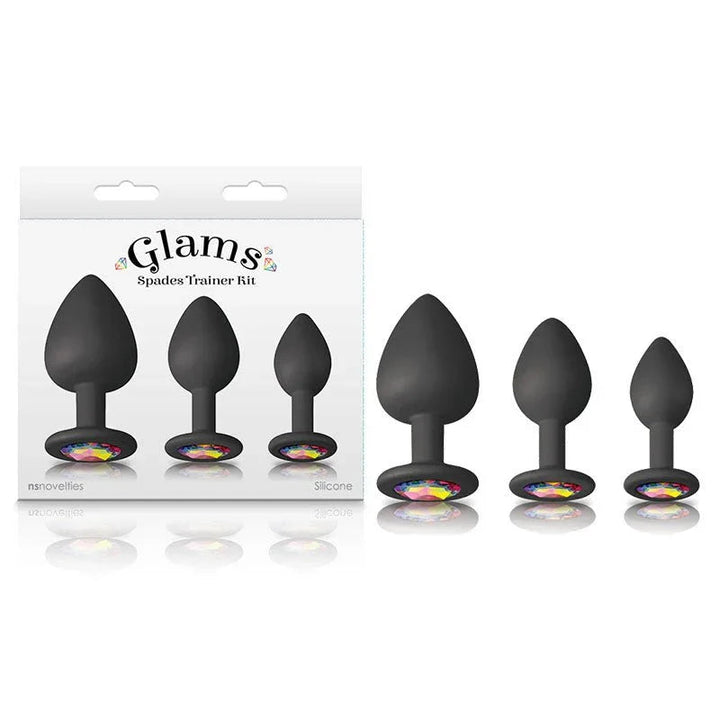Glams Spades Trainer Kit in Black, three gem-based plugs in graduating sizes beside the box