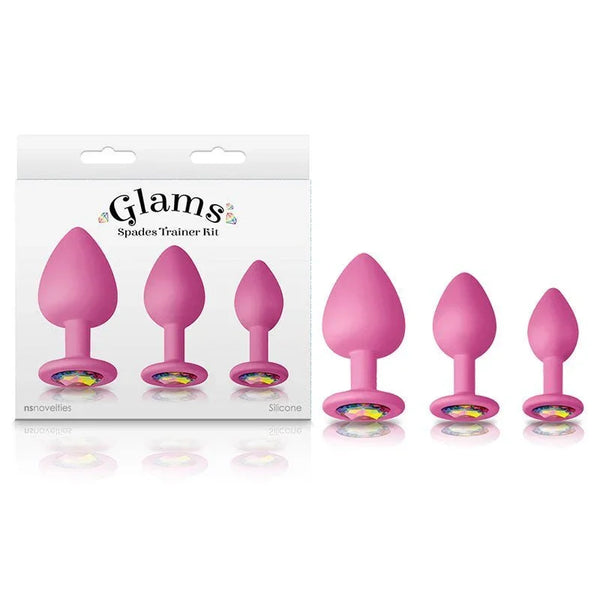 Glams Spades Trainer Kit in Pink, three gem-based plugs in graduating sizes beside the box