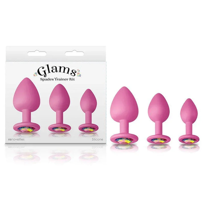 Glams Spades Trainer Kit in Pink, three gem-based plugs in graduating sizes beside the box