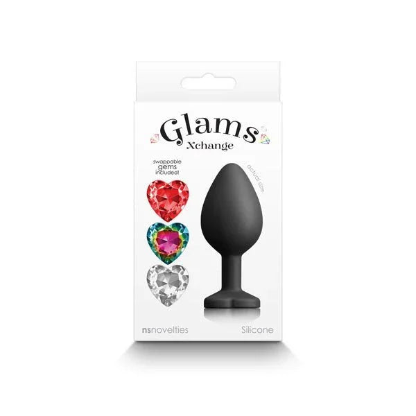 Glams Xchange Heart retail box showing the black plug and three heart gem options