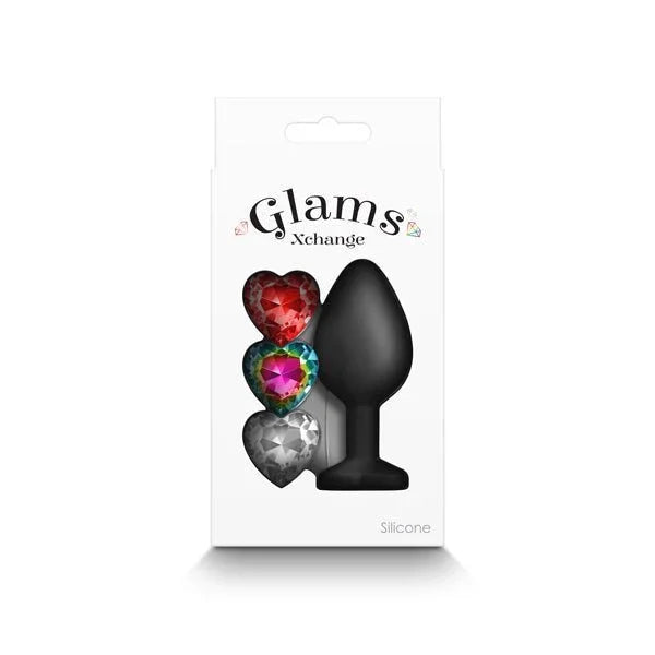 Glams Xchange Heart box front, three heart gems stacked beside the black plug