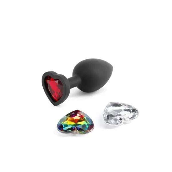 Glams Xchange Heart small plug in Black, red gem fitted, rainbow and clear gems alongside