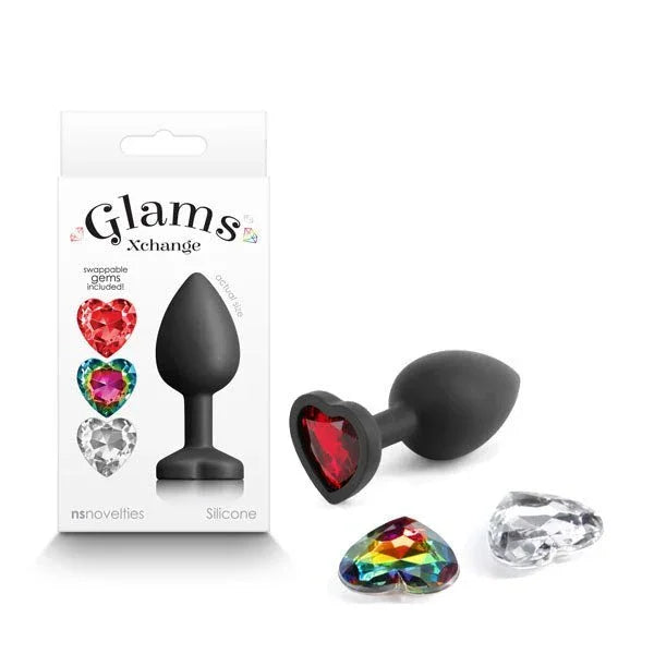 Glams Xchange Heart small plug in Black with red heart gem, beside its box and spare gems