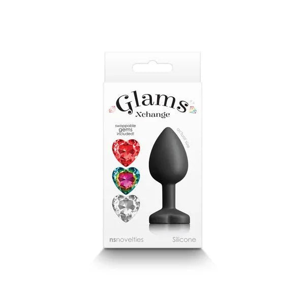Glams Xchange Heart small retail box, showing the black plug and three heart gem options