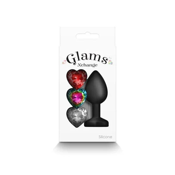 Glams Xchange Heart small box front, three heart gems stacked beside the black plug