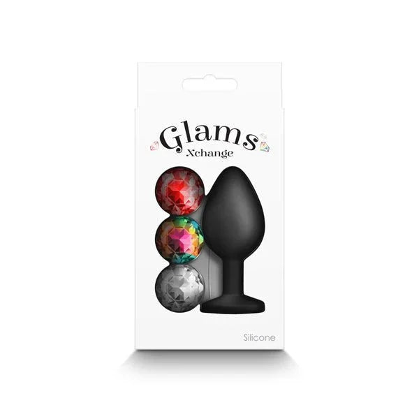 Glams Xchange Round box front, three round gems stacked beside the black plug