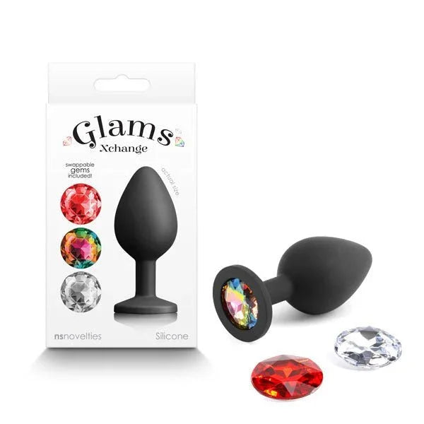 Glams Xchange Round medium plug in Black with rainbow round gem, beside its box and spare gems