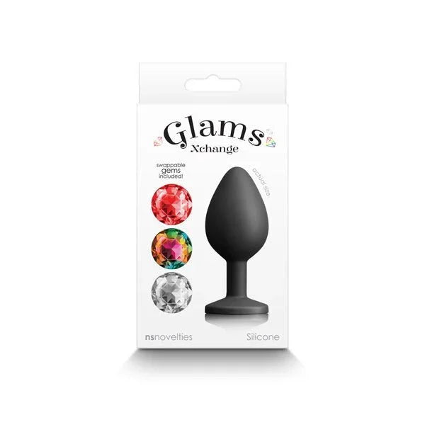 Glams Xchange Round retail box showing the black plug and three round gem options