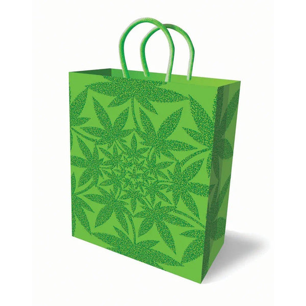 Glitter Ganja novelty gift bag in green with a glitter cannabis leaf pattern