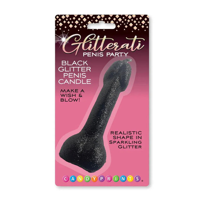 Glitterati black glitter penis candle, 10 cm, on its pink Candyprints blister card