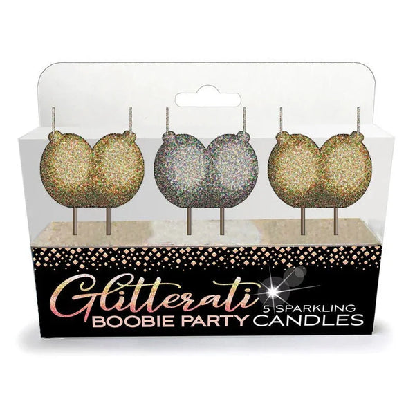 Glitterati Boobie party candles, three glitter candles on a display card, set of 3