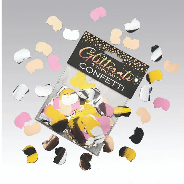 Glitterati Boobie confetti pack with pink, gold and white boob-shaped pieces scattered