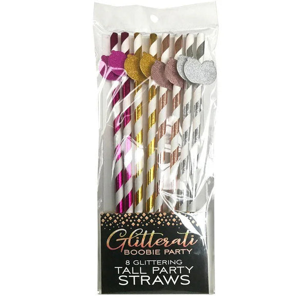 Glitterati Boobie tall party straws, eight glitter-topped paper straws in the pack