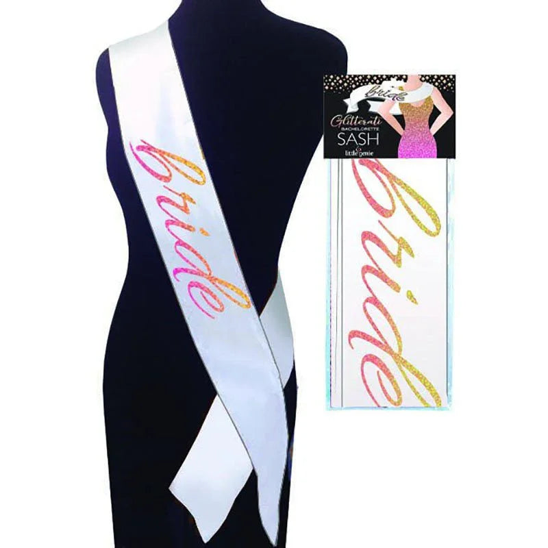 Glitterati Bride sash in white with rose gold script, on a form and in its pack