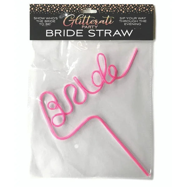 Glitterati Bride straw, pink curly straw spelling bride, sealed in its header pack