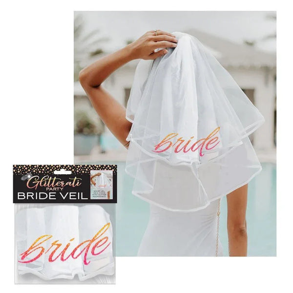 Glitterati Bride veil worn by a model, shown beside the packaged veil