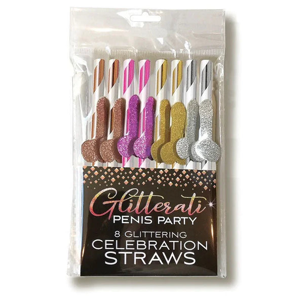 Glitterati Penis Party celebration straws, eight glitter penis-topped straws in pack