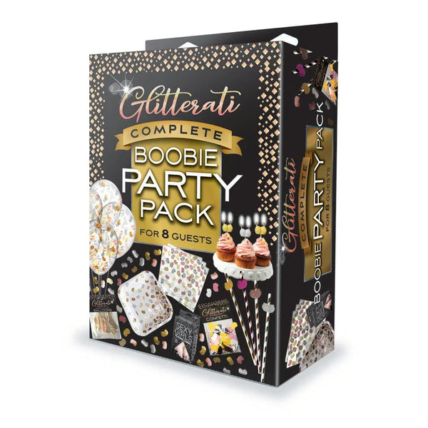 Glitterati Complete Boobie Party Pack box for 8 guests, plates, straws and candles