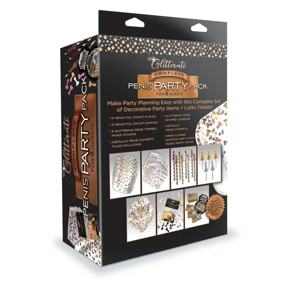 Glitterati Penis Party Pack box reverse, listing the plates, napkins and balloons