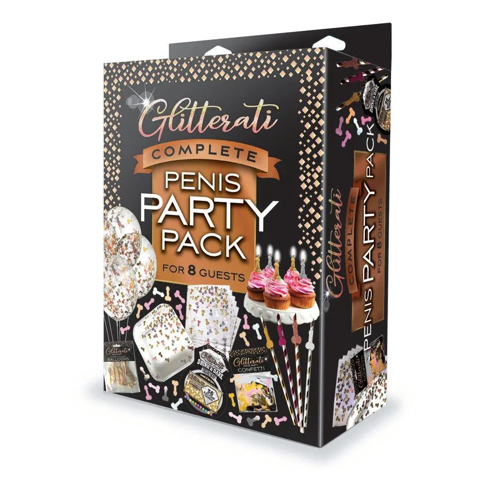 Glitterati Complete Penis Party Pack box for 8 guests, plates, straws and candles