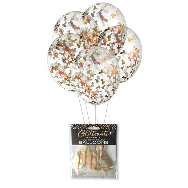 Glitterati confetti party balloons, five clear balloons filled with penis confetti