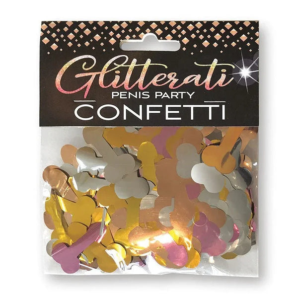 Glitterati Penis Party confetti pack with gold, silver and pink penis-shaped pieces