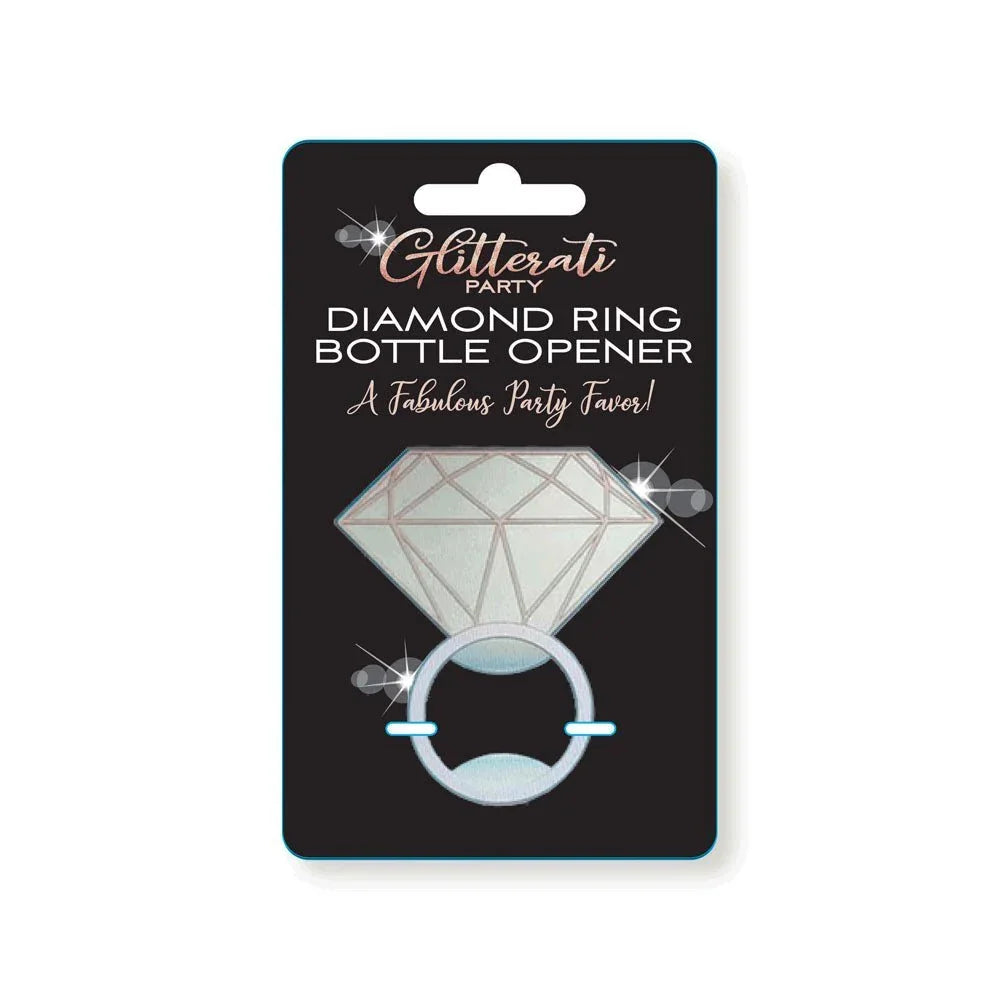 Glitterati diamond ring bottle opener on its black Glitterati party favour card