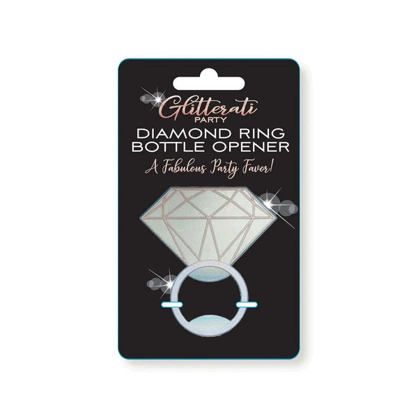Glitterati diamond ring bottle opener on its black Glitterati party favour card