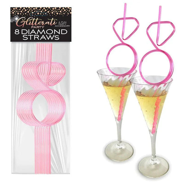 Glitterati diamond straws in pink, eight curly straws in the pack and in two glasses