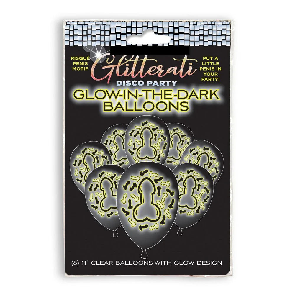 Glitterati Disco glow in the dark balloons, 8 clear balloons with a penis motif