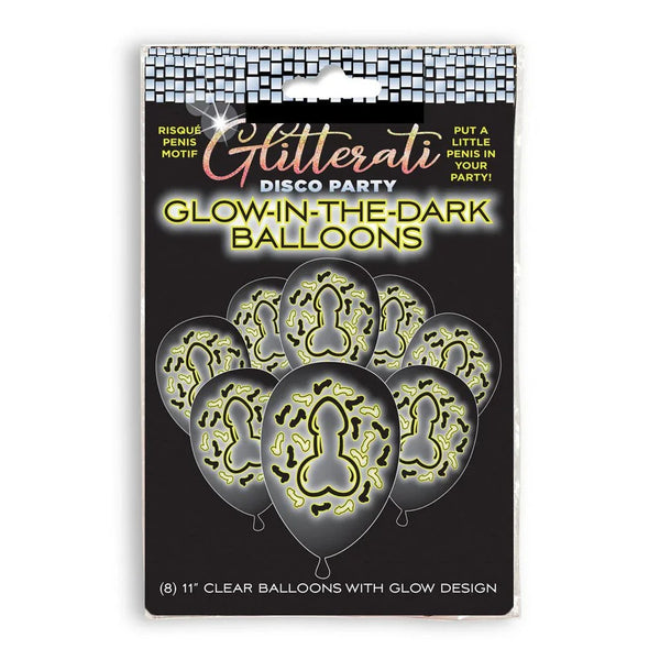 Glitterati Disco glow in the dark balloons, 8 clear balloons with a penis motif