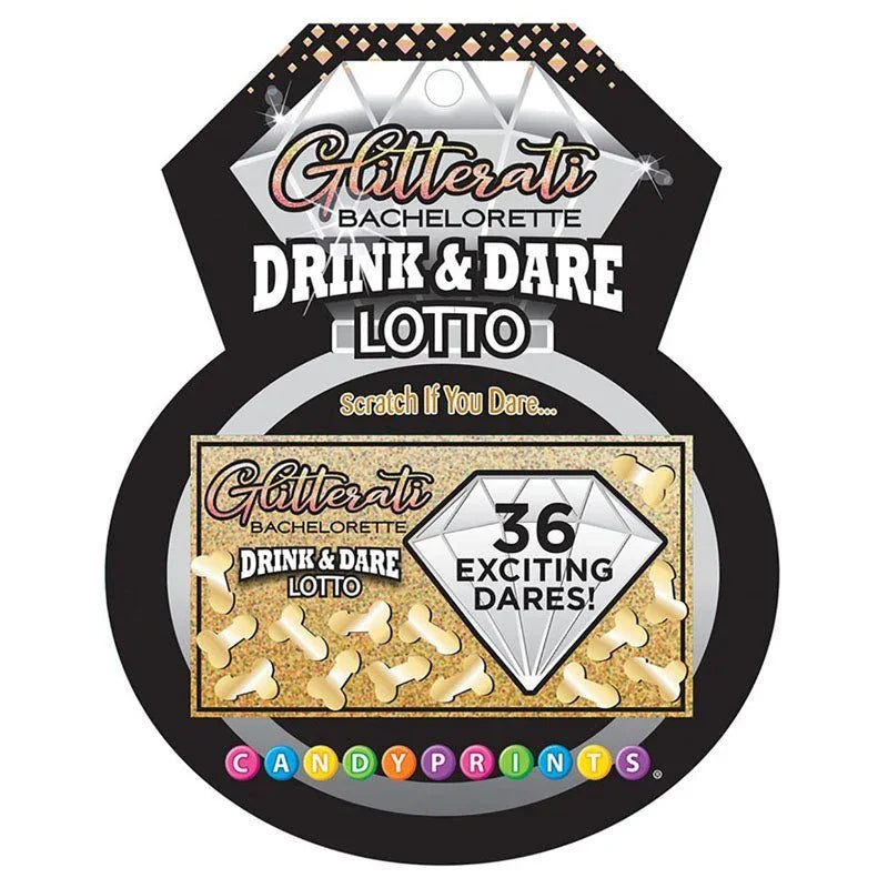 Glitterati Drink and Dare Lotto, diamond-shaped card promising 36 exciting dares