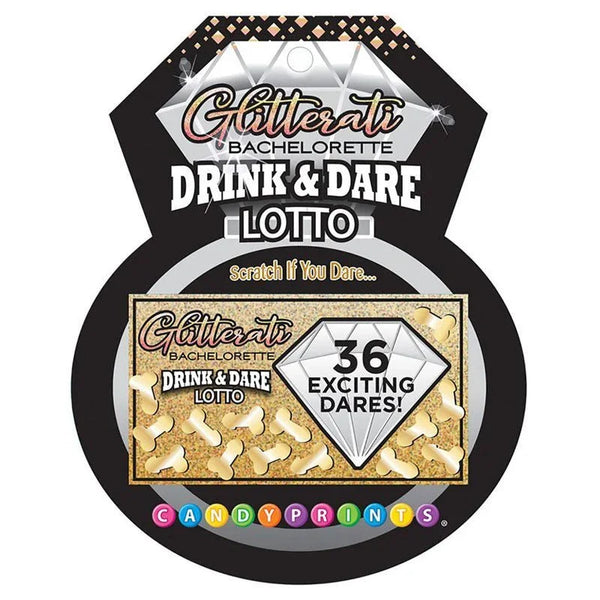 Glitterati Drink and Dare Lotto, diamond-shaped card promising 36 exciting dares