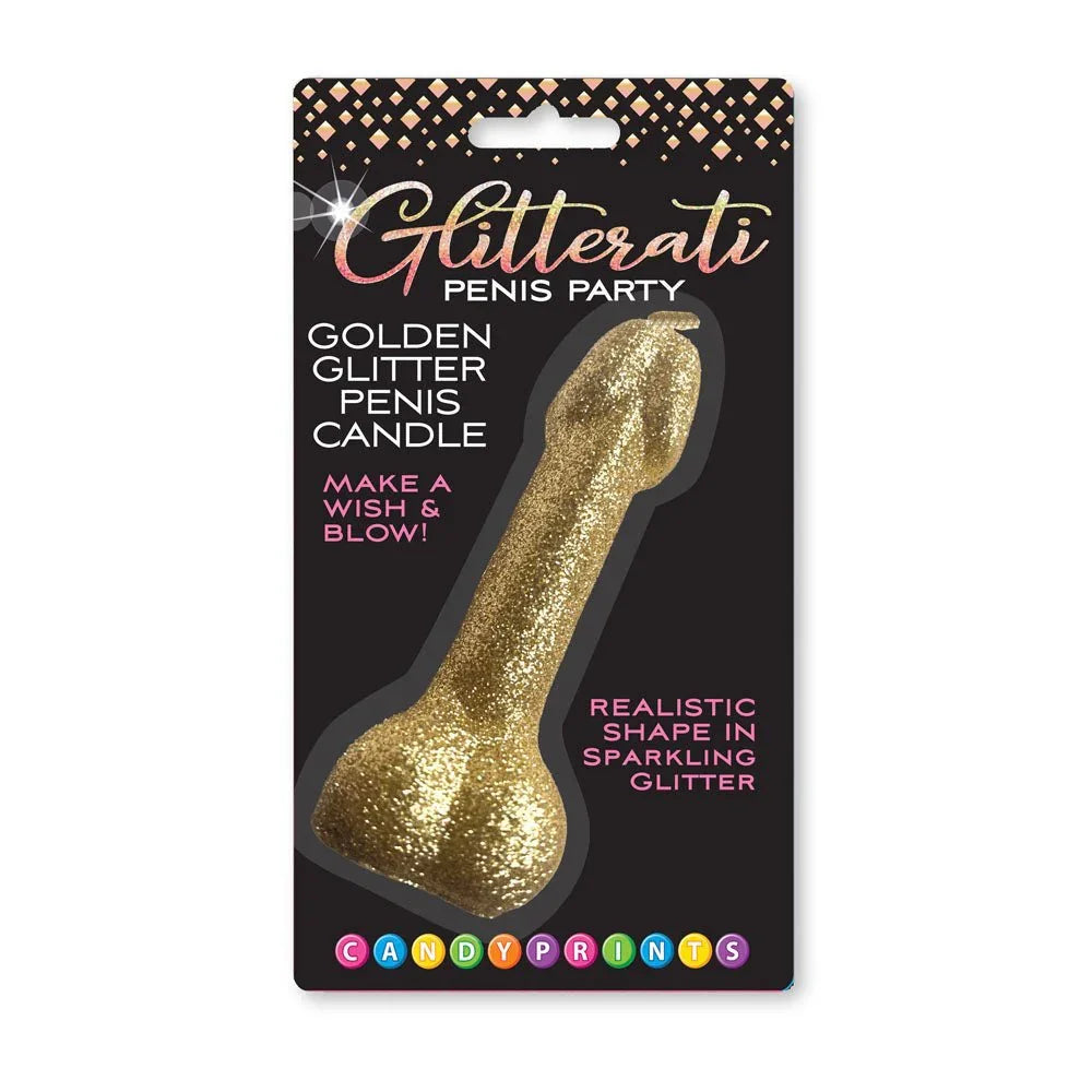 Glitterati golden glitter penis candle, 10 cm, on its Candyprints blister card
