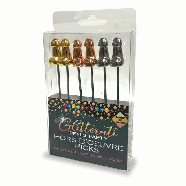 Glitterati hors d'oeuvre food picks, six penis-topped picks in gold, rose gold and black
