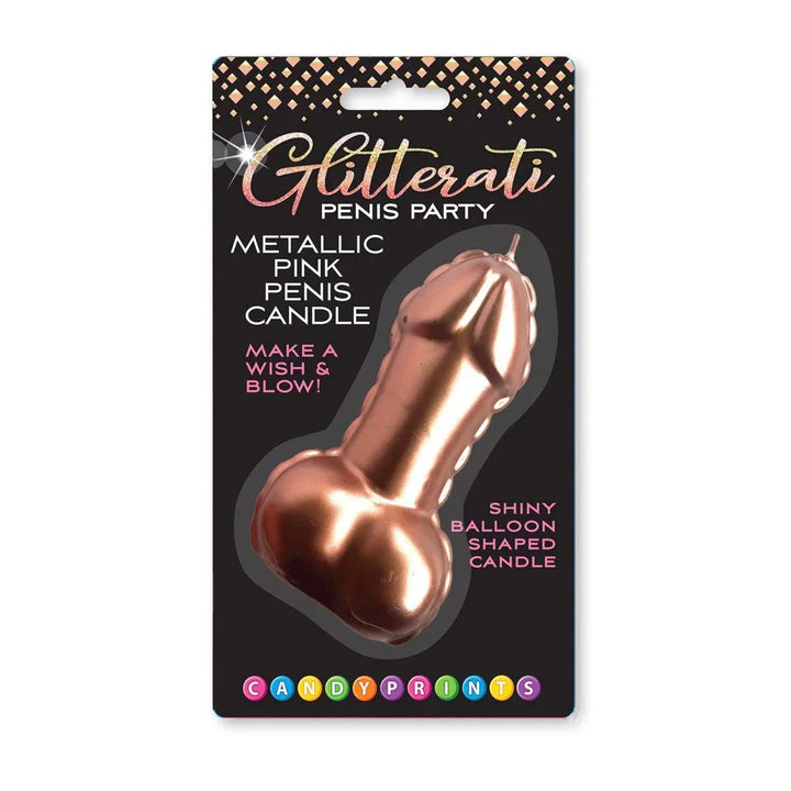 Glitterati metallic rose gold penis candle, 10 cm, on its Candyprints blister card