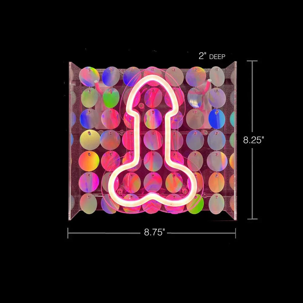 Glitterati neon pink penis sign, dimensions marked 8.75 by 8.25 inches, 2 deep
