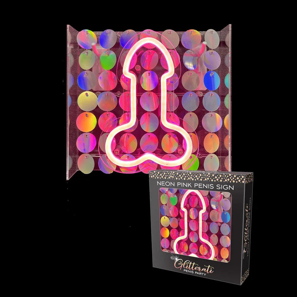 Glitterati neon pink penis sign lit on an iridescent sequin panel, with its box