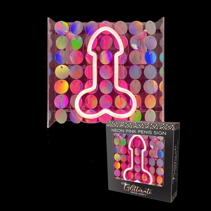 Glitterati neon pink penis sign lit on an iridescent sequin panel, with its box