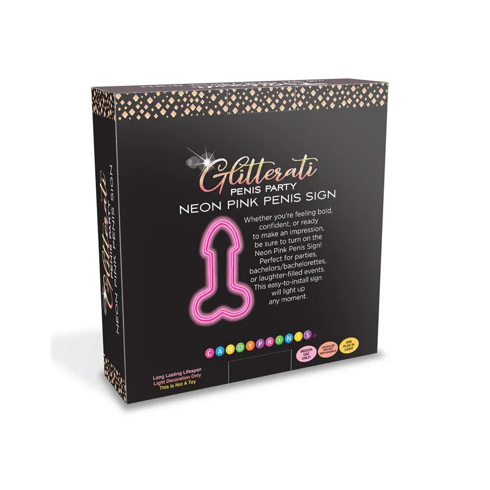 Glitterati Neon Pink Penis Sign box reverse, describing the light-up decoration