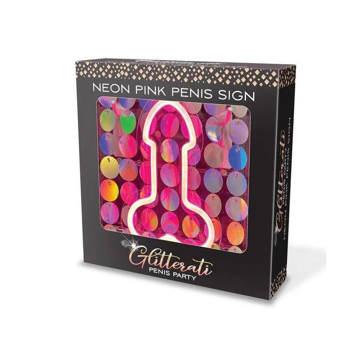 Glitterati Neon Pink Penis Sign retail box, sign visible through the window