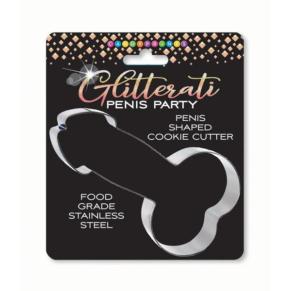 Glitterati penis-shaped cookie cutter in stainless steel, on its Candyprints card