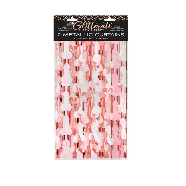 Glitterati penis foil party curtains in Rose Gold, two 40 by 74 inch curtains in pack